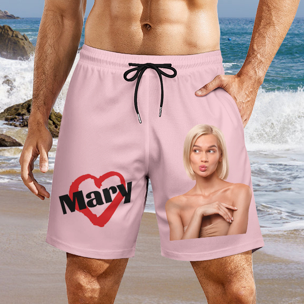 Custom Heart Mens‘ Shorts Personalized Photo Name Hawaiian Beach Shorts Gift For Him For Husband-mekesllser-Swimwear,Mekesllser,Red Heart,Summer Sale,Swimwear For Men,For Men,Hawaiian Shorts