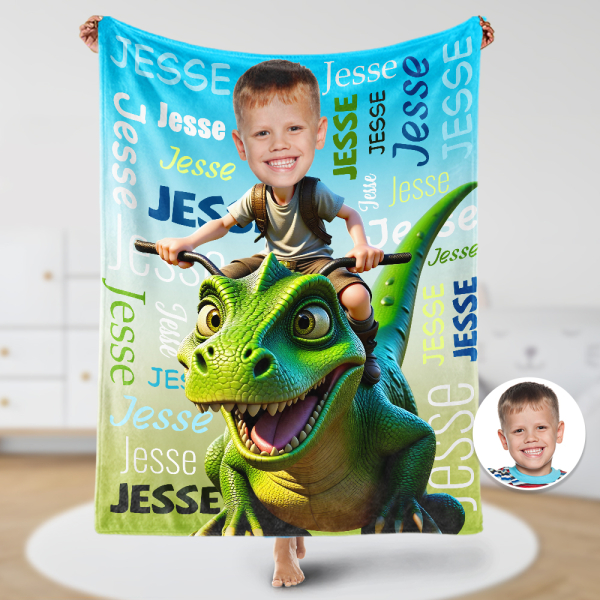 Custom Riding Dinosaur Boy Face & Name Blankets Personalized Blanket Gift For Boys-mekesllser-dinosaur blanket,Mekesllser,For Kids,IP,Home&Living,Blanket,For Boys,Dinosaur,Kid's Animal Theme,Blanket for Boys,Autumn Sale,Children's Daily Style