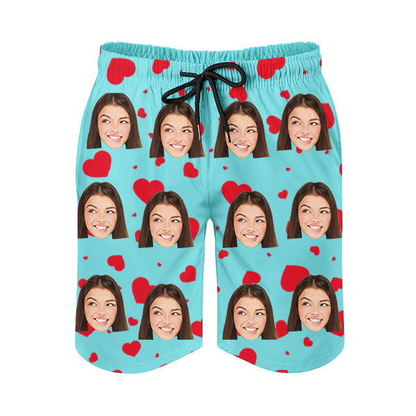 Custom Sweet Heart Mens‘ Shorts Personalized Photo Hawaiian Sweet Love Beach Shorts Gift For Him For Husband-mekesllser-Swimwear,Mekesllser,Red Heart,Summer Sale,Swimwear For Men,For Men,Hawaiian Shorts