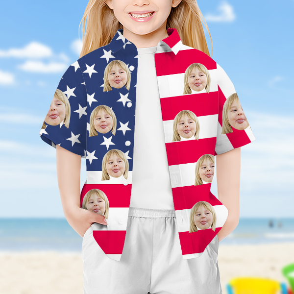 Custom Independence Day Short Sleeve Shirt Face Hawaiian Shirt American Flag Beach Holiday Shirt Gift For Kids-mekesllser-Swimwear,Mekesllser,American Flag,Summer Sale,Hawaiian Shirt,For Kids,Swimwear For Kids,Kid's Hawaiian Shirt,For Boys,For Girls