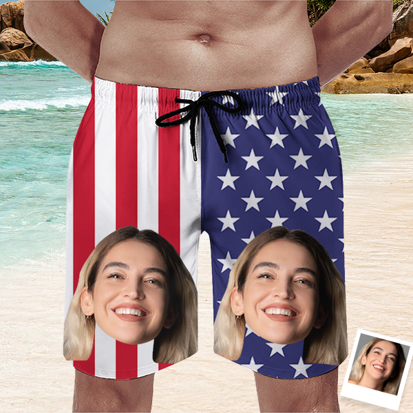 Custom American Flag Mens‘ Shorts Personalized Photo Hawaiian Beach Shorts Gift For Him For Husband-mekesllser-Swimwear,Mekesllser,American Flag,Summer Sale,Swimwear For Men,For Men,Hawaiian Shorts