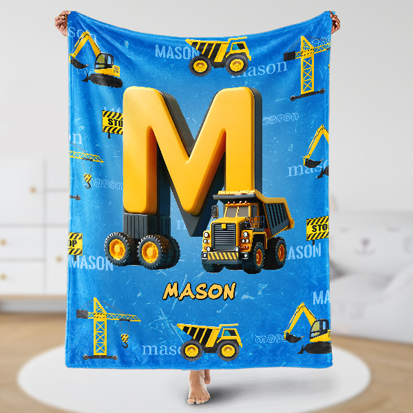 Custom Blue Construction Vehicles Letter Personalized Nmae Kid Blanket Gift For Boys-mekesllser-Mekesllser,For Kids,Home&Living,Blanket,For Boys,Kid's Simple Style,Blanket for Boys,Autumn Sale,Children's Daily Style