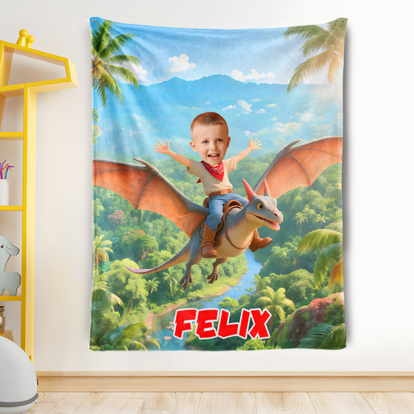 Custom Flying Dinosaur Blankets Personalized Boy Riding Dinosaur Blanket Gift For Boys-mekesllser-dinosaur blanket,Mekesllser,For Kids,IP,Home&Living,Blanket,For Boys,Dinosaur,Kid's Animal Theme,Blanket for Boys,Autumn Sale,Children's Daily Style