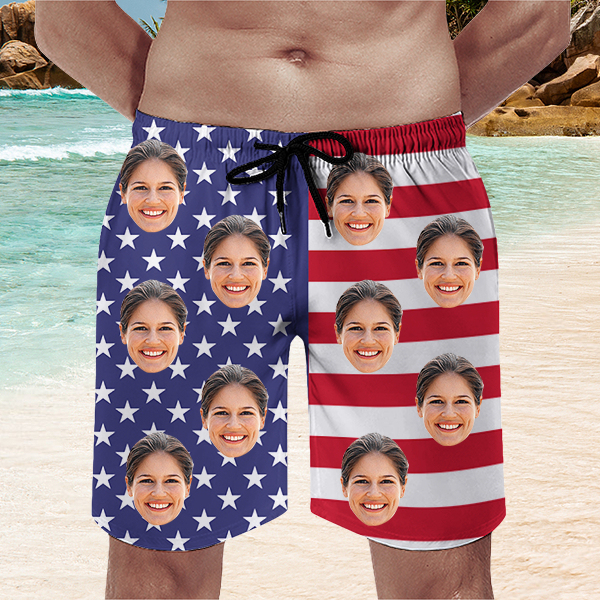 Custom American Flag Hawaiian Shorts Personalized Photo Hawaiian Beach Shorts Gift For Him For Men-mekesllser-Swimwear,Mekesllser,American Flag,Summer Sale,Swimwear For Men,For Men,Hawaiian Shorts