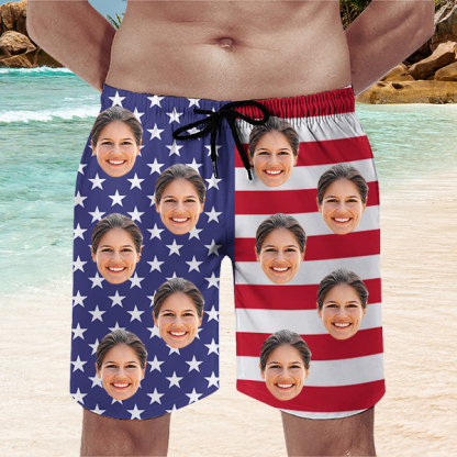 Custom American Flag Hawaiian Shorts Personalized Photo Hawaiian Beach Shorts Gift For Him For Men-mekesllser-Swimwear,Mekesllser,American Flag,Summer Sale,Swimwear For Men,For Men,Hawaiian Shorts