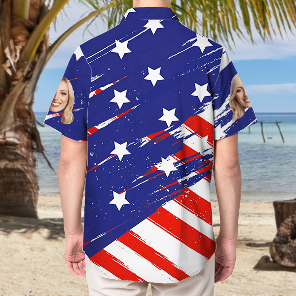 Custom American Flag Hawaiian Shirt With Face Holiday Independence Day Beach Shirt Beach Shirt Holiday Gift For Men-mekesllser-Swimwear,Mekesllser,American Flag,Summer Sale,Swimwear For Men,For Men,Hawaiian Shirt,Men's Hawaiian Shirt