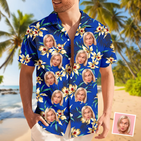 Custom Yellow Hibiscus Shirt With Face Blue Holiday Beach Shirt Hawaiian Beach Shirt Holiday Gift For Men-mekesllser-Swimwear,Mekesllser,Summer Sale,Swimwear For Men,For Men,Hawaiian,Hawaiian Shirt,Men's Hawaiian Shirt