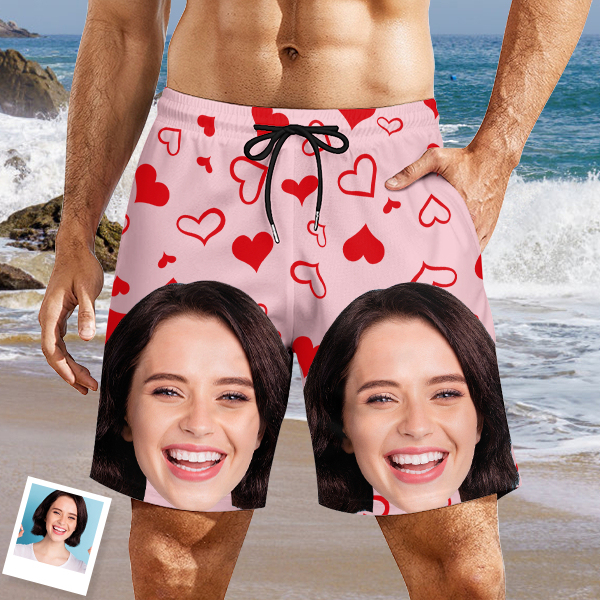 Custom Sweet Red Heart Mens‘ Shorts Personalized Photo Hawaiian Sweet Love Beach Shorts Gift For Him For Husband-mekesllser-Swimwear,Mekesllser,Red Heart,Summer Sale,Swimwear For Men,For Men,Hawaiian Shorts