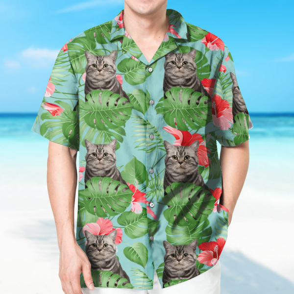Custom Cat Face Men's Pet Face Flower Hawaiian Shirt Beach Shirt Holiday Gift For Men, For Pet Lover-mekesllser-Swimwear,Mekesllser,Summer Sale,Swimwear For Men,For Men,Hawaiian,Hawaiian Shirt,Men's Hawaiian Shirt,For Pet Lovers