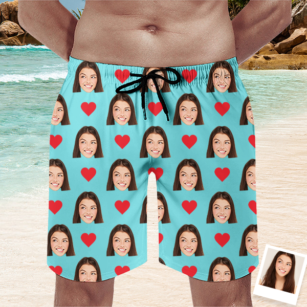 Custom Red Heart Mens‘ Shorts Personalized Photo Hawaiian Beach Shorts Gift For Him For Husband-mekesllser-Swimwear,Mekesllser,Red Heart,Summer Sale,Swimwear For Men,For Men,Hawaiian Shorts