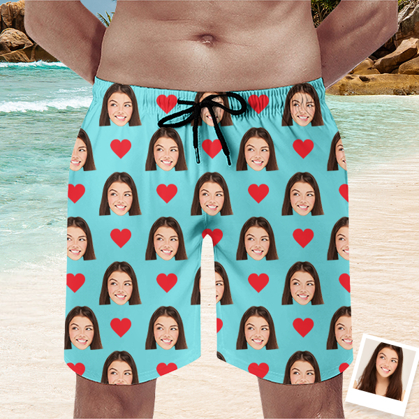 Custom Red Heart Mens‘ Shorts Personalized Photo Hawaiian Beach Shorts Gift For Him For Husband-mekesllser-Swimwear,Mekesllser,Red Heart,Summer Sale,Swimwear For Men,For Men,Hawaiian Shorts