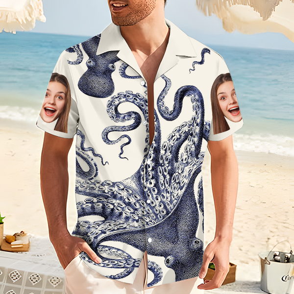 Custom Octopus Shirt With Face Holiday Beach Shirt Japanese Art  Hawaiian Shirt Holiday Gift For Men, For Husband-mekesllser-Swimwear,Mekesllser,Summer Sale,Swimwear For Men,For Men,Japanese Art,Hawaiian Shirt,Men's Hawaiian Shirt