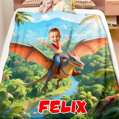 Custom Flying Dinosaur Blankets Personalized Boy Riding Dinosaur Blanket Gift For Boys-mekesllser-dinosaur blanket,Mekesllser,For Kids,IP,Home&Living,Blanket,For Boys,Dinosaur,Kid's Animal Theme,Blanket for Boys,Autumn Sale,Children's Daily Style