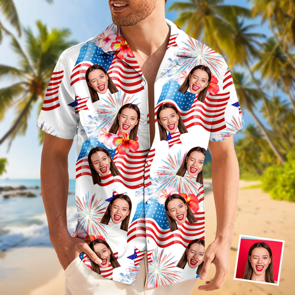 Custom American Flag Hawaiian Shirt With Face Holiday Beach Shirt The Independence Day Beach Shirt Holiday Gift For Men, For Husband-mekesllser-Swimwear,Mekesllser,American Flag,Summer Sale,Swimwear For Men,For Men,Hawaiian,Hawaiian Shirt,Men's Hawaiian Shirt
