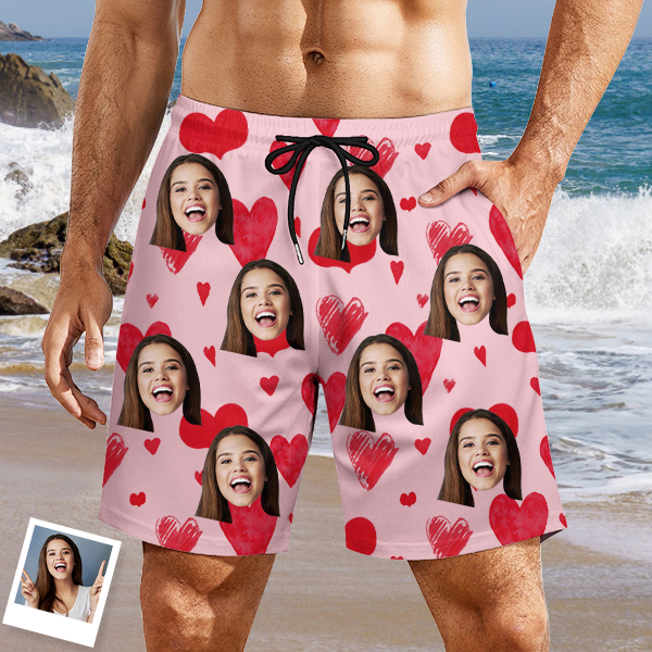 Custom Sweet Heart Mens‘ Shorts Personalized Photo Name Hawaiian Beach Shorts Gift For Him For Husband-mekesllser-Swimwear,Mekesllser,Red Heart,Summer Sale,Swimwear For Men,For Men,Hawaiian Shorts