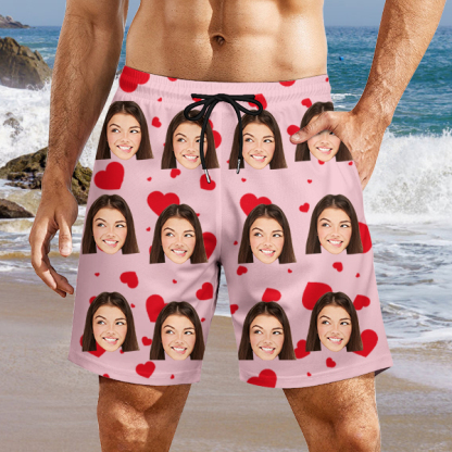 Custom Sweet Heart Mens‘ Shorts Personalized Photo Hawaiian Sweet Love Beach Shorts Gift For Him For Husband-mekesllser-Swimwear,Mekesllser,Red Heart,Summer Sale,Swimwear For Men,For Men,Hawaiian Shorts