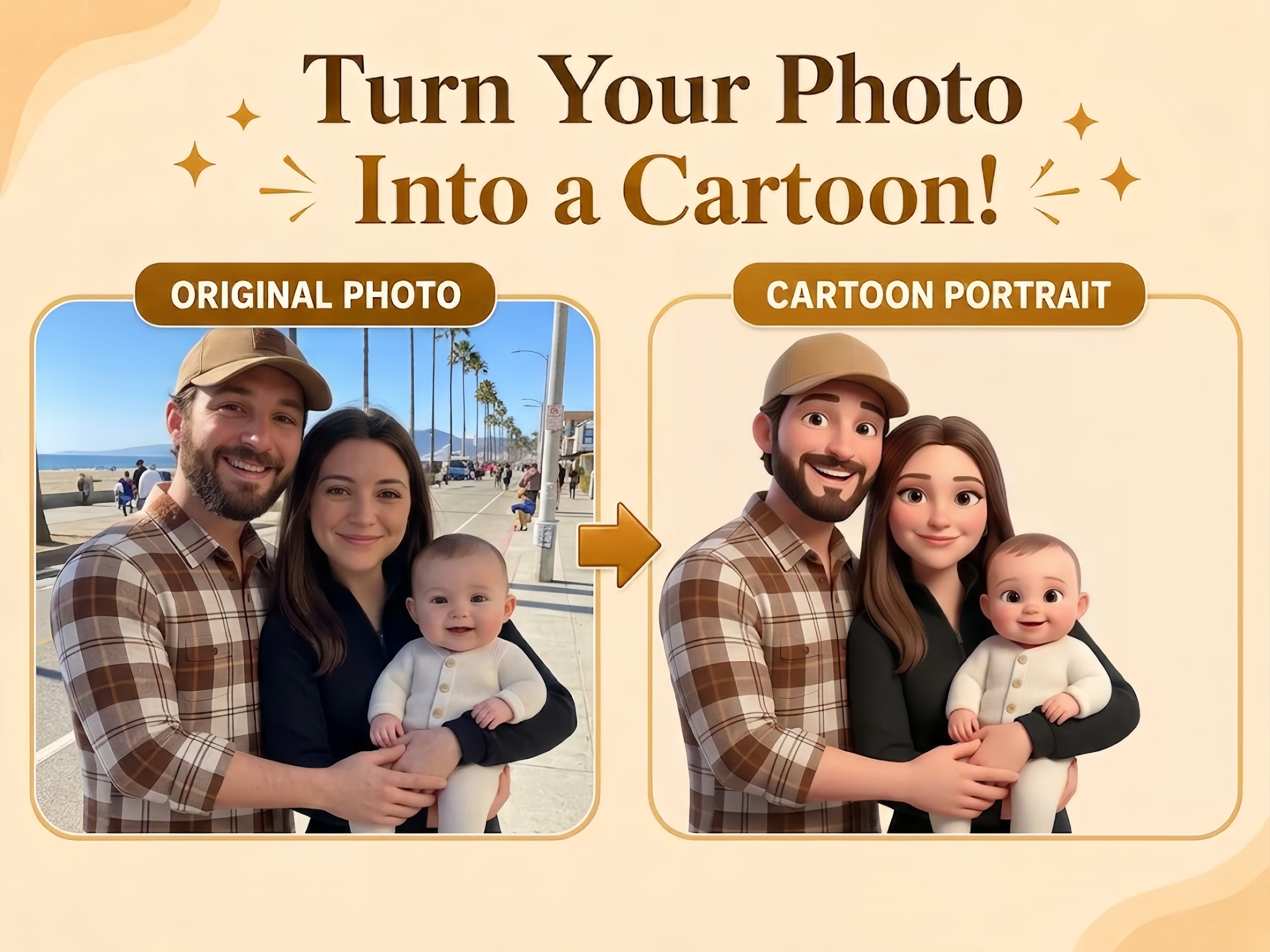 Photo to cartoon wood portrait before and after