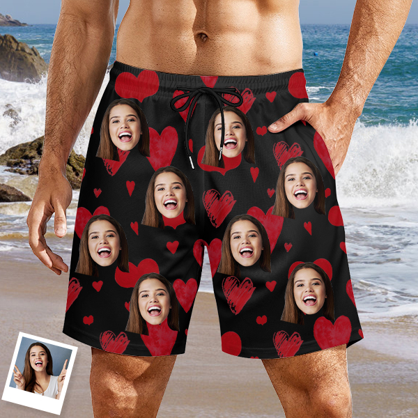 Custom Sweet Heart Mens‘ Shorts Personalized Photo Name Hawaiian Beach Shorts Gift For Him For Husband-mekesllser-Swimwear,Mekesllser,Red Heart,Summer Sale,Swimwear For Men,For Men,Hawaiian Shorts