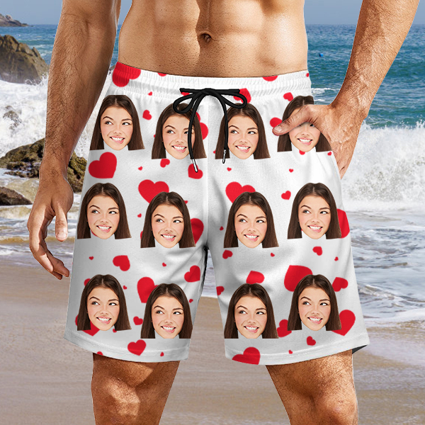 Custom Sweet Heart Mens‘ Shorts Personalized Photo Hawaiian Sweet Love Beach Shorts Gift For Him For Husband-mekesllser-Swimwear,Mekesllser,Red Heart,Summer Sale,Swimwear For Men,For Men,Hawaiian Shorts