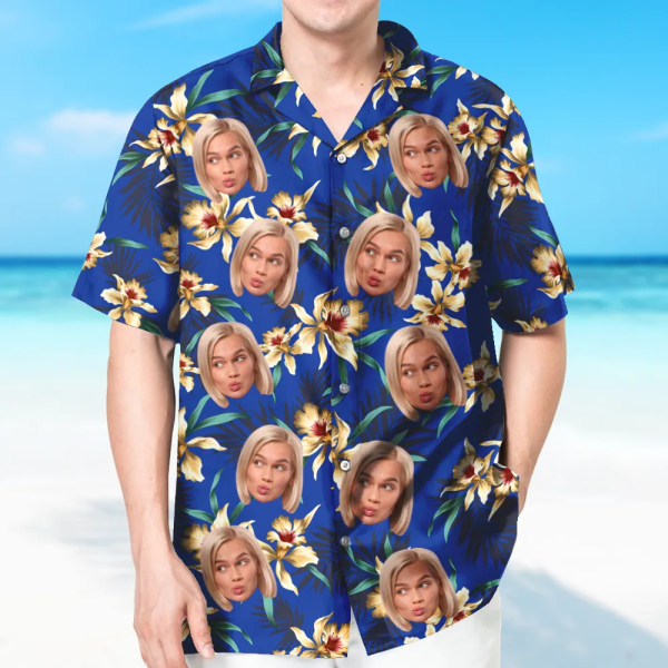 Custom Yellow Hibiscus Shirt With Face Blue Holiday Beach Shirt Hawaiian Beach Shirt Holiday Gift For Men-mekesllser-Swimwear,Mekesllser,Summer Sale,Swimwear For Men,For Men,Hawaiian,Hawaiian Shirt,Men's Hawaiian Shirt
