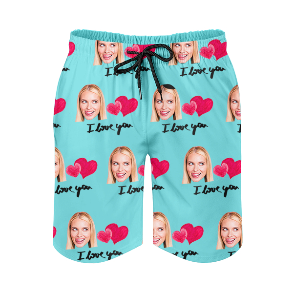 Custom Sweet Heart Mens‘ Shorts Personalized Photo Hawaiian Love Beach Shorts Gift For Him For Husband-mekesllser-Swimwear,Mekesllser,Red Heart,Summer Sale,Swimwear For Men,For Men,Hawaiian Shorts