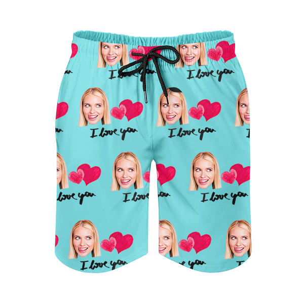 Custom Sweet Heart Mens‘ Shorts Personalized Photo Hawaiian Love Beach Shorts Gift For Him For Husband-mekesllser-Swimwear,Mekesllser,Red Heart,Summer Sale,Swimwear For Men,For Men,Hawaiian Shorts