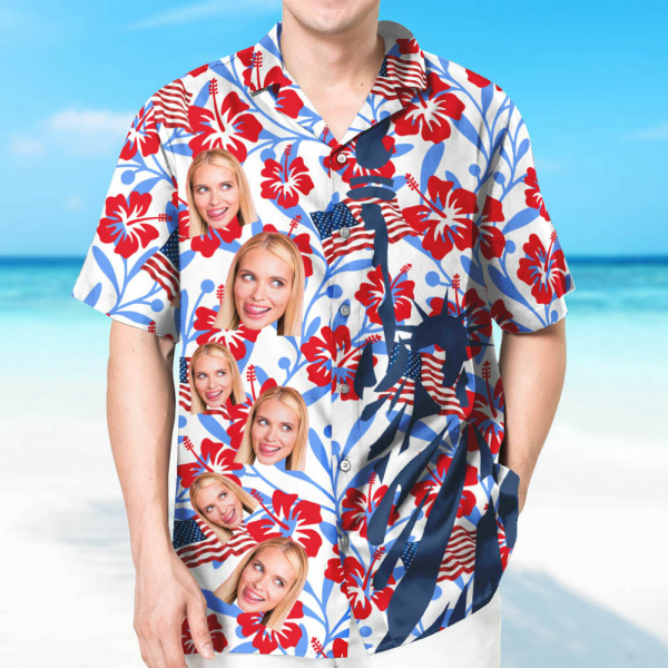 Custom American Flag Flower Hawaiian Shirt With Face Holiday Beach Shirt The Independence Day Beach Shirt Holiday Gift For Men, For Husband-mekesllser-Swimwear,Mekesllser,American Flag,Summer Sale,Swimwear For Men,For Men,Hawaiian,Hawaiian Shirt,Men's Hawaiian Shirt,Independence Day