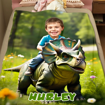Custom Riding Dinosaur Blankets Personalized Face & Name Hero Blanket Gifts For Boys-mekesllser-dinosaur blanket,Mekesllser,For Kids,Home&Living,Blanket,For Boys,Dinosaur,Blanket for Boys