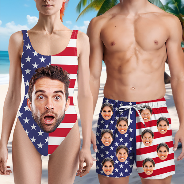 Custom American Flag Hawaiian Shorts Personalized Photo Hawaiian Beach Shorts Gift For Him For Men-mekesllser-Swimwear,Mekesllser,American Flag,Summer Sale,Swimwear For Men,For Men,Hawaiian Shorts