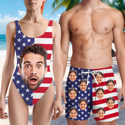 Custom American Flag Hawaiian Shorts Personalized Photo Hawaiian Beach Shorts Gift For Him For Men-mekesllser-Swimwear,Mekesllser,American Flag,Summer Sale,Swimwear For Men,For Men,Hawaiian Shorts