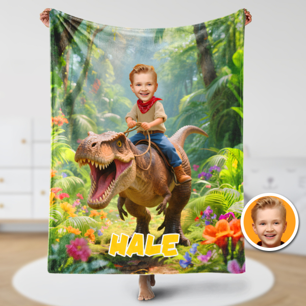 Custom Rainforest Dinosaur Blankets Personalized Boy Riding Dinosaur Blanket Gift For Boys-mekesllser-dinosaur blanket,Mekesllser,For Kids,IP,Home&Living,Blanket,For Boys,Dinosaur,Kid's Animal Theme,Blanket for Boys,Autumn Sale,Children's Daily Style