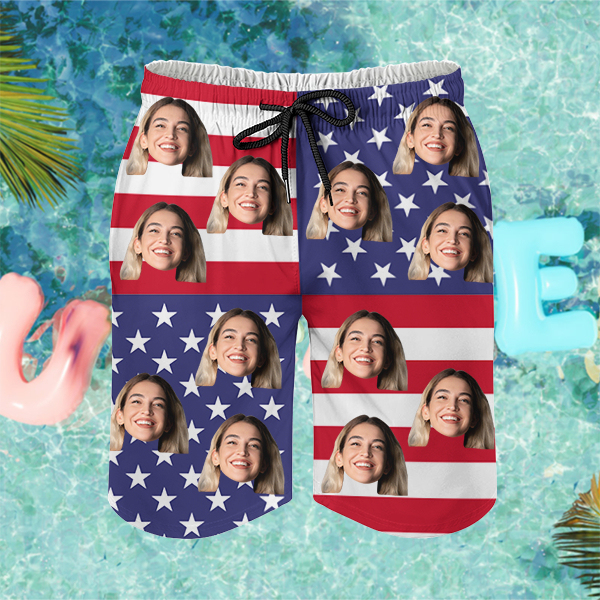 Custom American Flag Mens‘ Hawaiian Shorts Personalized Photo Hawaiian Beach Shorts Gift For Him For Husband-mekesllser-Swimwear,Mekesllser,American Flag,Summer Sale,Swimwear For Men,For Men,Hawaiian Shorts