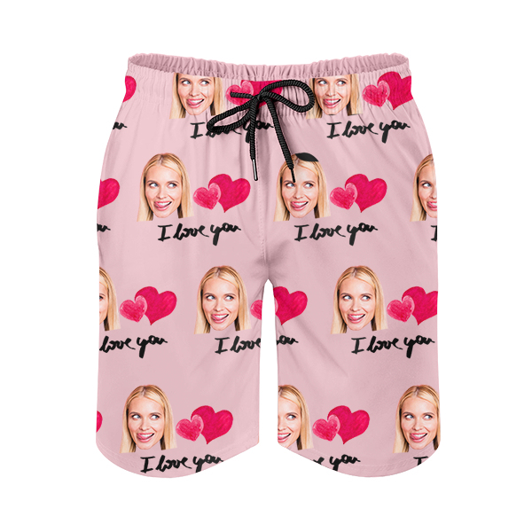 Custom Sweet Heart Mens‘ Shorts Personalized Photo Hawaiian Love Beach Shorts Gift For Him For Husband-mekesllser-Swimwear,Mekesllser,Red Heart,Summer Sale,Swimwear For Men,For Men,Hawaiian Shorts