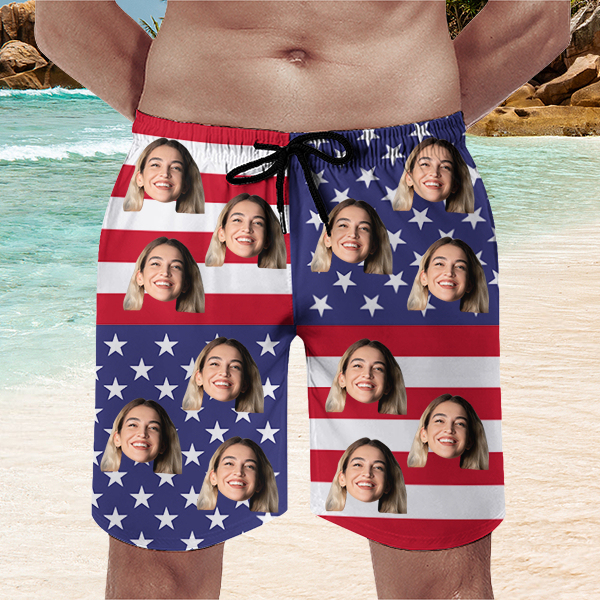 Custom American Flag Mens‘ Hawaiian Shorts Personalized Photo Hawaiian Beach Shorts Gift For Him For Husband-mekesllser-Swimwear,Mekesllser,American Flag,Summer Sale,Swimwear For Men,For Men,Hawaiian Shorts