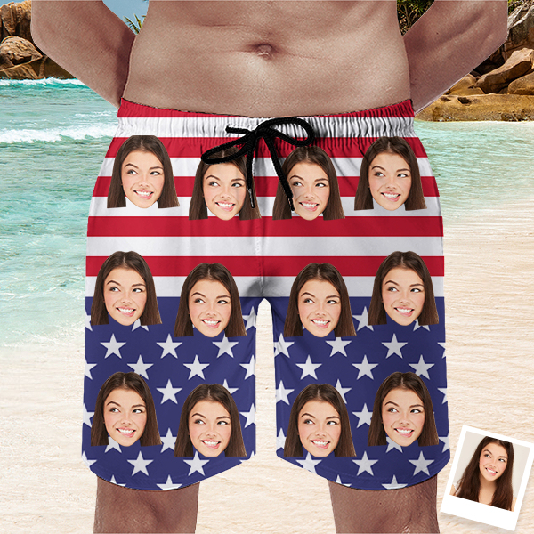 Custom American Flag Mens‘ Beach Shorts Personalized Photo Hawaiian Shorts Gift For Him For Husband-mekesllser-Swimwear,Mekesllser,American Flag,Summer Sale,Swimwear For Men,For Men,Hawaiian Shorts