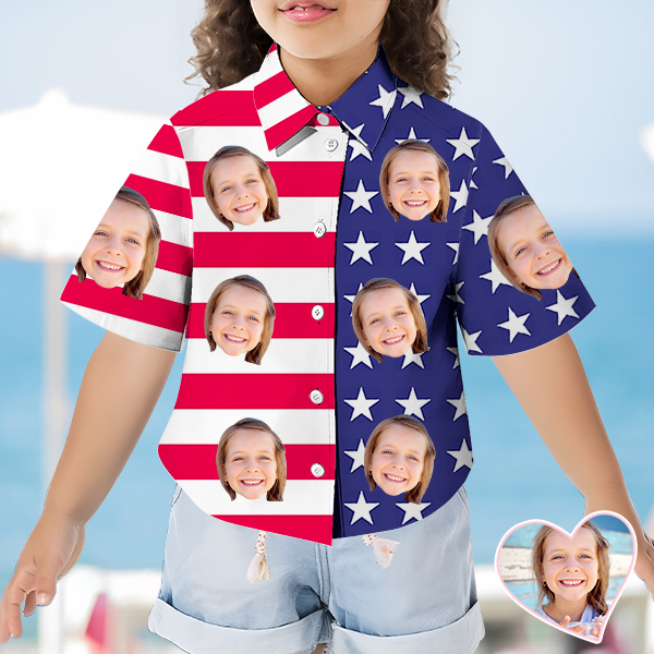 Custom Independence Day Short Sleeve Shirt Face Hawaiian Shirt American Flag Beach Holiday Gift For Kids-mekesllser-Swimwear,Mekesllser,American Flag,Summer Sale,Hawaiian Shirt,For Kids,Swimwear For Kids,Kid's Hawaiian Shirt,For Boys,For Girls