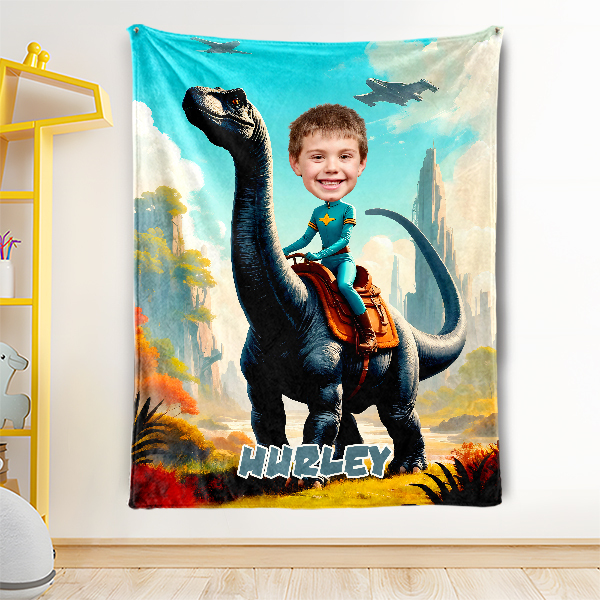 Custom Riding Dinosaur Blankets Personalized Face & Name Hero Blanket Gifts For Boys-mekesllser-dinosaur blanket,Mekesllser,For Kids,Home&Living,Blanket,For Boys,Dinosaur,Blanket for Boys