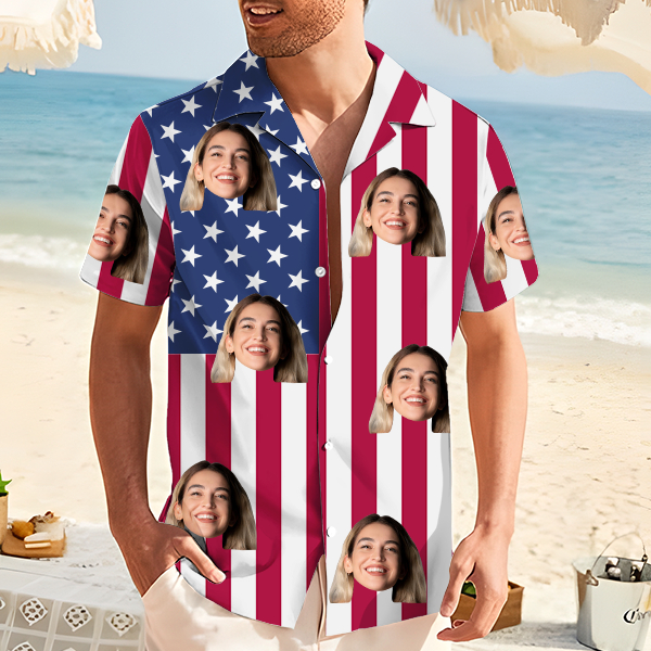Custom American Flag Hawaiian Shirt With Face Holiday Beach Shirt Beach Shirt Holiday Gift For Men, For Husband-mekesllser-Swimwear,Mekesllser,American Flag,Summer Sale,Swimwear For Men,For Men,Hawaiian Shirt,Men's Hawaiian Shirt