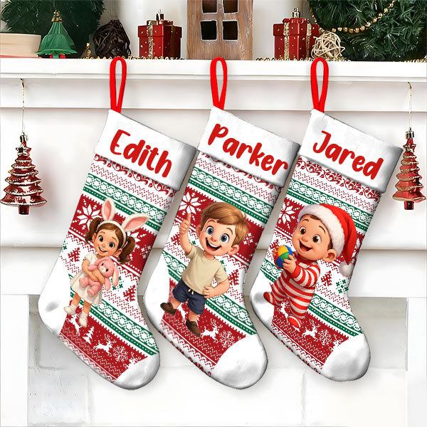 Personalized Christmas Stocking With Face And Name - Custom Family Gift For Family ，husband, Wife, Kid-mekesllser-Mekesllser,Christmas,Home Decor,AI,Christmas Stockings