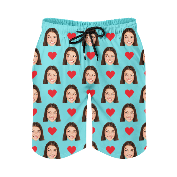 Custom Red Heart Mens‘ Shorts Personalized Photo Hawaiian Beach Shorts Gift For Him For Husband-mekesllser-Swimwear,Mekesllser,Red Heart,Summer Sale,Swimwear For Men,For Men,Hawaiian Shorts