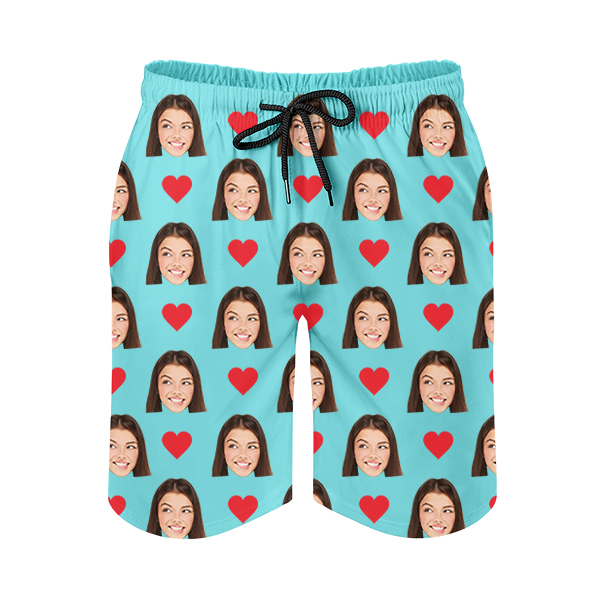 Custom Red Heart Mens‘ Shorts Personalized Photo Hawaiian Beach Shorts Gift For Him For Husband-mekesllser-Swimwear,Mekesllser,Red Heart,Summer Sale,Swimwear For Men,For Men,Hawaiian Shorts