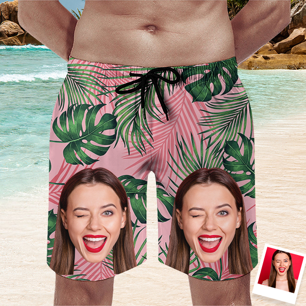 Custom Hawaiian Mens‘ Shorts Personalized Photo Hawaiian Green Plant Sports Beach Shorts Gift For Him For Husband-mekesllser-Swimwear,Mekesllser,Summer Sale,Swimwear For Men,For Men,Hawaiian,Hawaiian Shorts