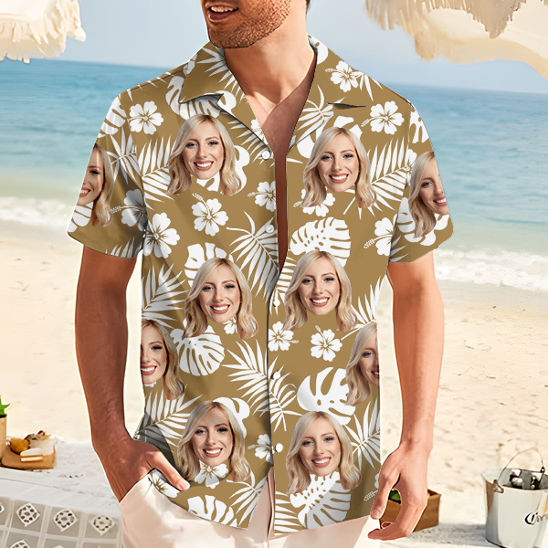 Custom Hawaiian Shirt With Personalized Face Holiday Hibiscus Flower Beach Shirt  Holiday Gift For Men, For Husband-mekesllser-Swimwear,Mekesllser,Summer Sale,Swimwear For Men,For Men,Hawaiian,Hawaiian Shirt,Men's Hawaiian Shirt