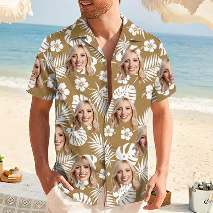 Custom Hawaiian Shirt With Personalized Face Holiday Hibiscus Flower Beach Shirt  Holiday Gift For Men, For Husband-mekesllser-Swimwear,Mekesllser,Summer Sale,Swimwear For Men,For Men,Hawaiian,Hawaiian Shirt,Men's Hawaiian Shirt