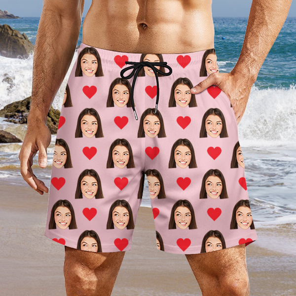 Custom Red Heart Mens‘ Shorts Personalized Photo Hawaiian Beach Shorts Gift For Him For Husband-mekesllser-Swimwear,Mekesllser,Red Heart,Summer Sale,Swimwear For Men,For Men,Hawaiian Shorts