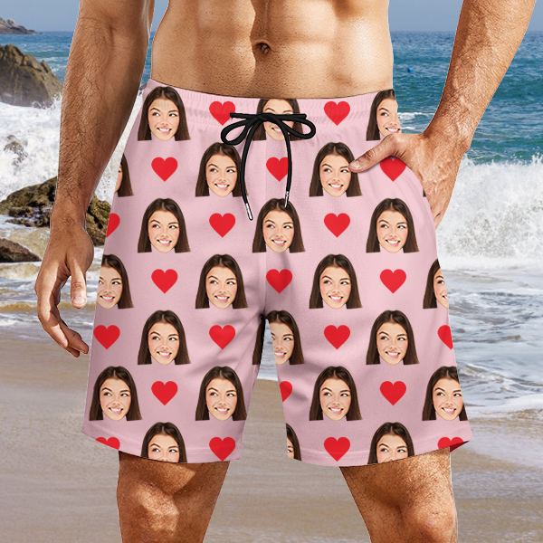 Custom Red Heart Mens‘ Shorts Personalized Photo Hawaiian Beach Shorts Gift For Him For Husband-mekesllser-Swimwear,Mekesllser,Red Heart,Summer Sale,Swimwear For Men,For Men,Hawaiian Shorts