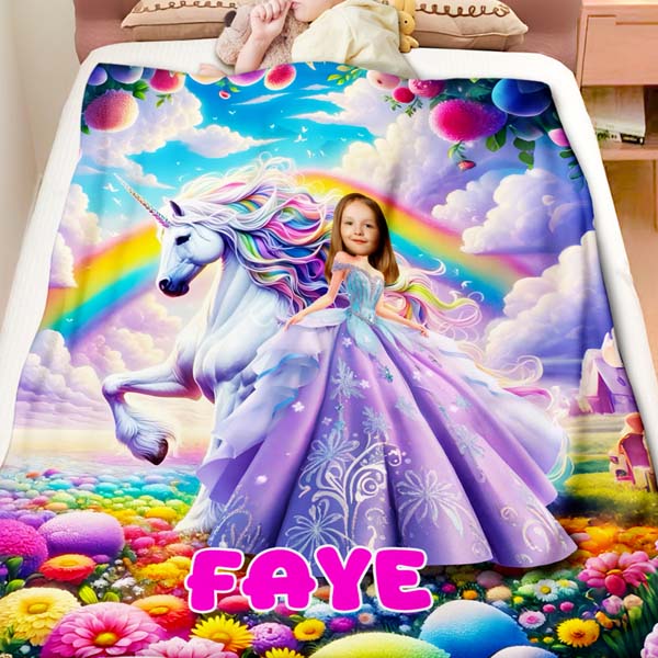 Custom Princess With Unicorn Blankets Personalized Face & Name Blanket Gifts For Girls-mekesllser-Mekesllser,For Kids,IP,Home&Living,Blanket,For Girls,Princess,Blanket for Girls,Unicorn