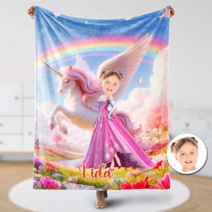 Custom Rainbow Princess With Unicorn Blankets Personalized Face & Name Blanket Gifts For Girls-mekesllser-Mekesllser,For Kids,IP,Home&Living,Blanket,For Girls,Princess,Blanket for Girls,Unicorn