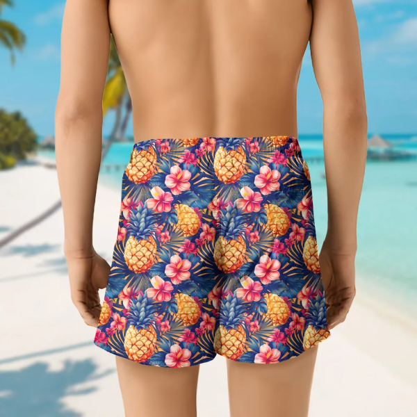 Custom Pineapple Mens Beach Shorts Personalized Photo Hawaiian Hibiscus Flower Sports Shorts Gift For Him For Husband-mekesllser-Swimwear,Mekesllser,Summer Sale,Beach Shorts,Swimwear For Men,For Men,Hawaiian