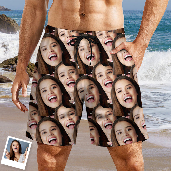 Custom Hawaiian Mens‘ Shorts Personalized Photo Flower Hawaiian Sports Beach Shorts Gift For Him For Husband-mekesllser-Swimwear,Mekesllser,Summer Sale,Swimwear For Men,Hawaiian Shorts,Funny Face